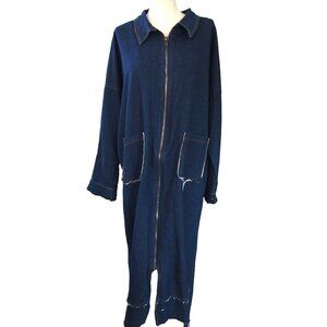 TOV Floor Length Denim Jacket Frayed Live Edge Duster Full Zip Size 42 M / L Y2k